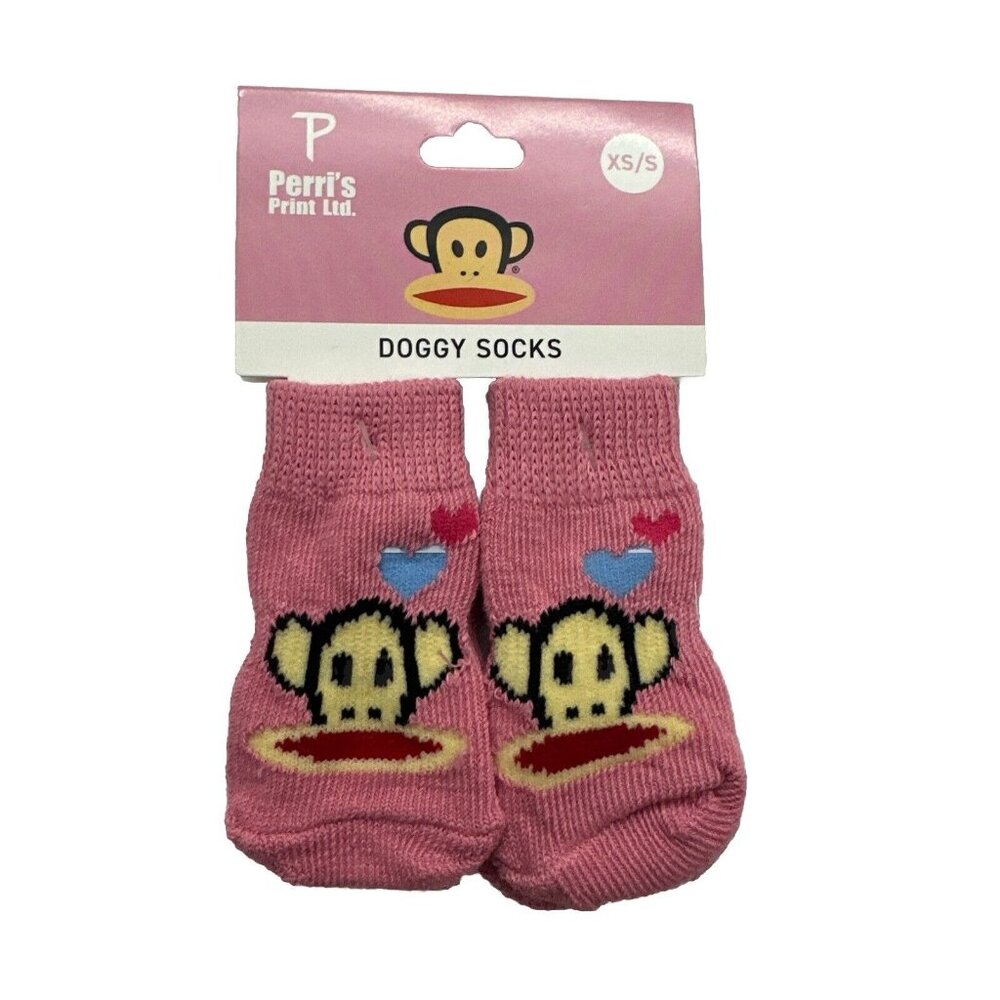 Perri's Paul Frank pink monkey face doggy socks NWT XS/S Grip Bottom